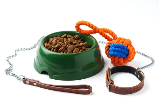 Green plastic bowl with dry pet food isolated on white background