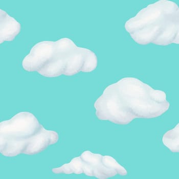 Seamless pattern of Cartoon cute illustration. Gentle blue soft fluffy clouds float across the sky. Beautiful weather. Watercolor tenderness. spring, summer, autumn, Children textile, fabric, wrapping