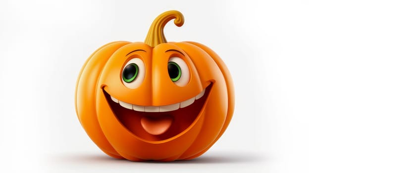 Orange pumpkin with a cheerful face 3D on a white background. Cartoon characters, three-dimensional character, healthy lifestyle, proper nutrition, diet, fresh vegetables and fruits, vegetarianism, veganism, food, breakfast, fun, laughter, banner
