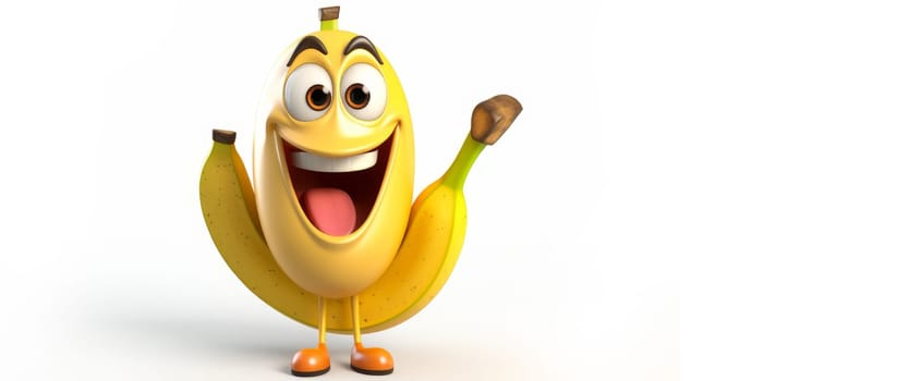 Yellow banana with a cheerful face 3D on a white background. Cartoon characters, three-dimensional character, healthy lifestyle, proper nutrition, diet, fresh vegetables and fruits, vegetarianism, veganism, food, breakfast, fun, laughter, banner