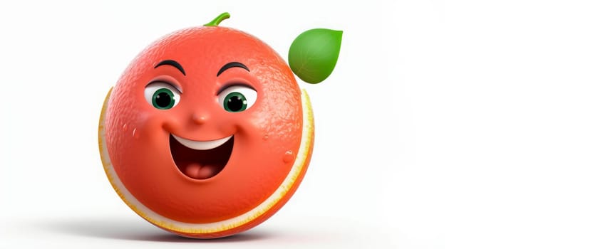 Pink Grapefruit with a cheerful face 3D on a white background. Cartoon characters, three-dimensional character, healthy lifestyle, proper nutrition, diet, fresh vegetables and fruits, vegetarianism, veganism, food, breakfast, fun, laughter, banner