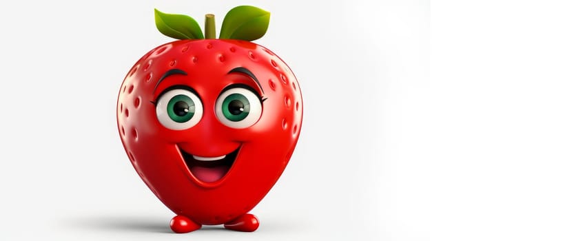 strawberry with a cheerful face 3D on a white background. Cartoon characters, three-dimensional character, healthy lifestyle, proper nutrition, diet, fresh vegetables and fruits, vegetarianism, veganism, food, breakfast, fun, laughter, banner