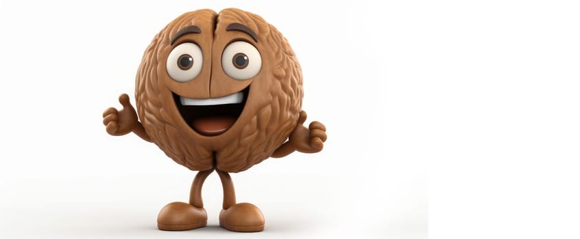 Walnut with a cheerful face 3D on a white background. Cartoon characters, three-dimensional character, healthy lifestyle, proper nutrition, diet, fresh vegetables and fruits, vegetarianism, veganism, food, breakfast, fun, laughter, banner