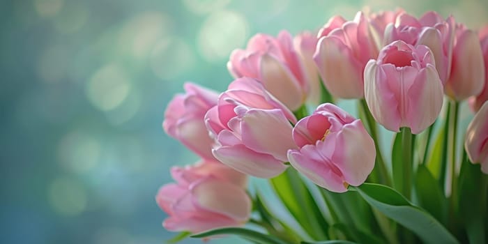 Beautiful bouquet of pink tulips on blurred background. Ai generation. High quality