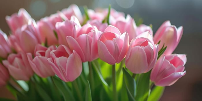 Beautiful bouquet of pink tulips on a blurred background. Ai generation. High quality