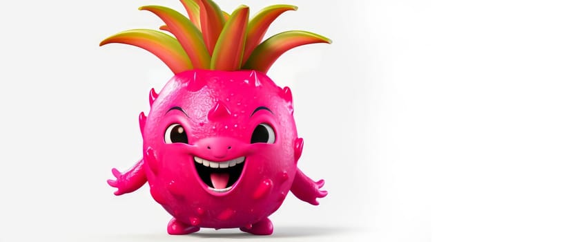 Pitahaya with a cheerful face 3D on a white background. Cartoon characters, three-dimensional character, healthy lifestyle, proper nutrition, diet, fresh vegetables and fruits, vegetarianism, veganism, food, breakfast, fun, laughter, banner