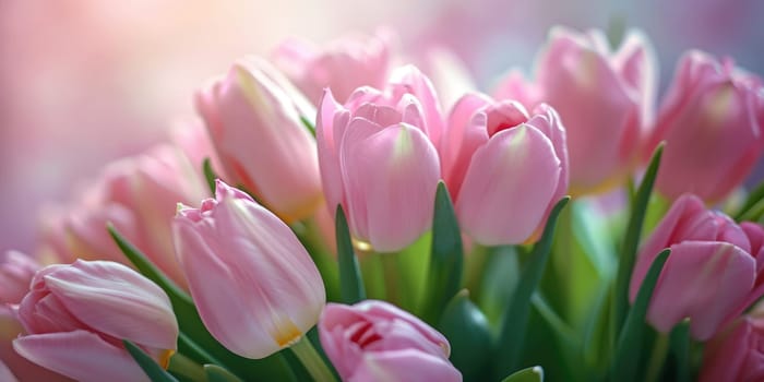 Beautiful bouquet of pink tulips on a blurred background. Ai generation. High quality