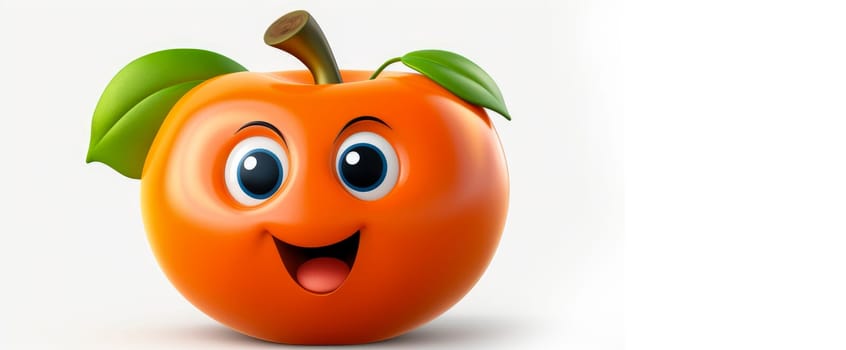 Persimmon with a cheerful face 3D on a white background. Cartoon characters, three-dimensional character, healthy lifestyle, proper nutrition, diet, fresh vegetables and fruits, vegetarianism, veganism, food, breakfast, fun, laughter, banner