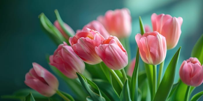 Beautiful bouquet of pink tulips on blurred background. Ai generation. High quality