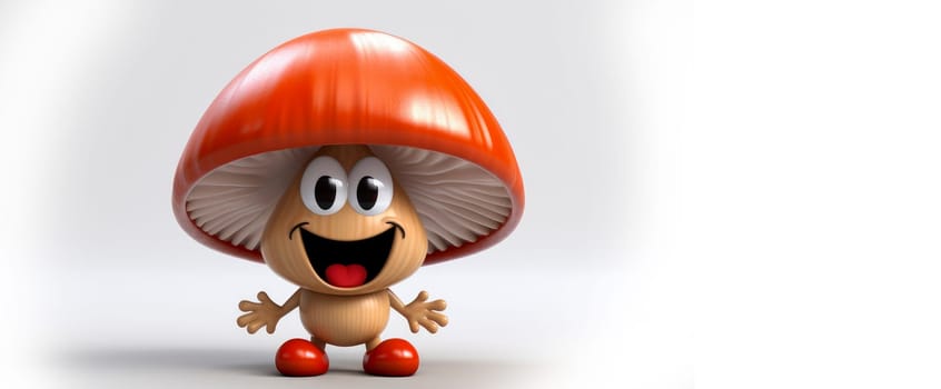 Mushroom with a cheerful face 3D on a white background. Cartoon characters, three-dimensional character, healthy lifestyle, proper nutrition, diet, fresh vegetables and fruits, vegetarianism, veganism, food, breakfast, fun, laughter, banner