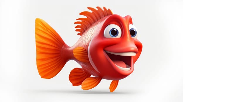 Red fish with a cheerful face 3D on a white background. Cartoon characters, three-dimensional character, healthy lifestyle, proper nutrition, diet, fresh vegetables and fruits, vegetarianism, veganism, food, breakfast, fun, laughter, banner