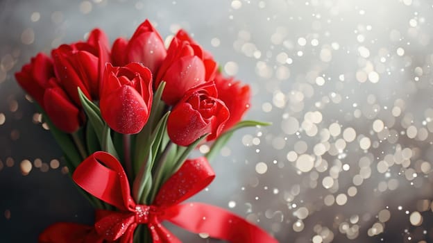 Beautiful bouquet of red tulips on bokeh background. Ai generation. High quality