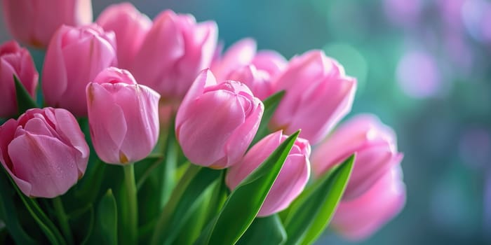 Beautiful bouquet of pink tulips on a blurred background. Ai generation. High quality