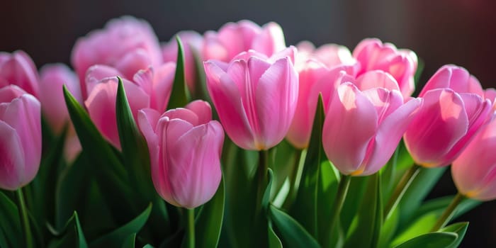 Beautiful bouquet of pink tulips on blurred background. Ai generation. High quality