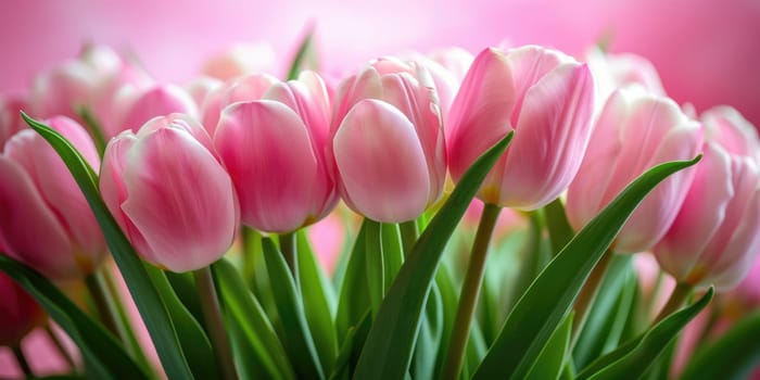 Beautiful bouquet of pink tulips on a blurred background. Ai generation. High quality