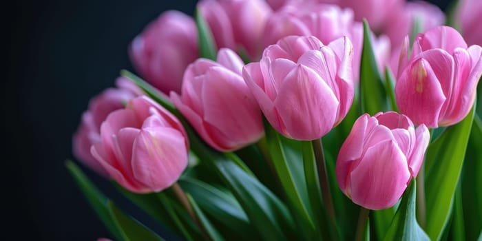 Beautiful bouquet of pink tulips on blurred background. Ai generation. High quality