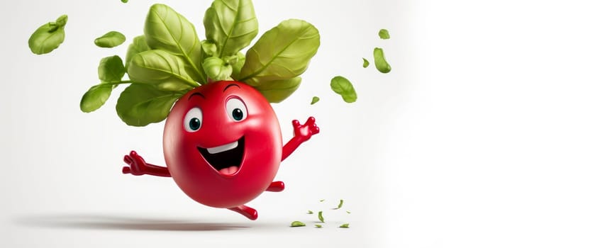 Radish with a cheerful face 3D on a white background. Cartoon characters, three-dimensional character, healthy lifestyle, proper nutrition, diet, fresh vegetables and fruits, vegetarianism, veganism, food, breakfast, fun, laughter, banner