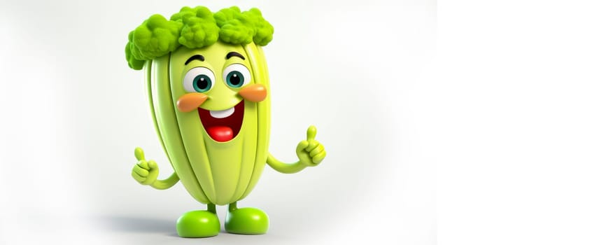 Celery with a cheerful face 3D on a white background. Cartoon characters, three-dimensional character, healthy lifestyle, proper nutrition, diet, fresh vegetables and fruits, vegetarianism, veganism, food, breakfast, fun, laughter, banner