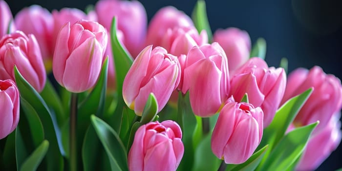 Beautiful bouquet of pink tulips on blurred background. Ai generation. High quality