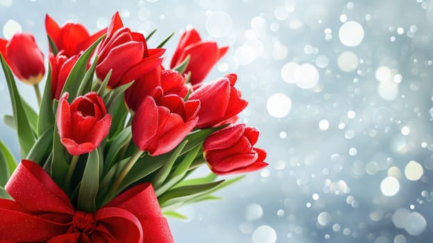 Beautiful bouquet of red tulips on bokeh background. Ai generation. High quality