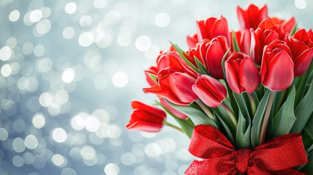 Beautiful bouquet of red tulips on bokeh background. Ai generation. High quality