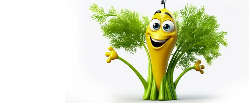 Dill with a cheerful face 3D on a white background. Cartoon characters, three-dimensional character, healthy lifestyle, proper nutrition, diet, fresh vegetables and fruits, vegetarianism, veganism, food, breakfast, fun, laughter, banner