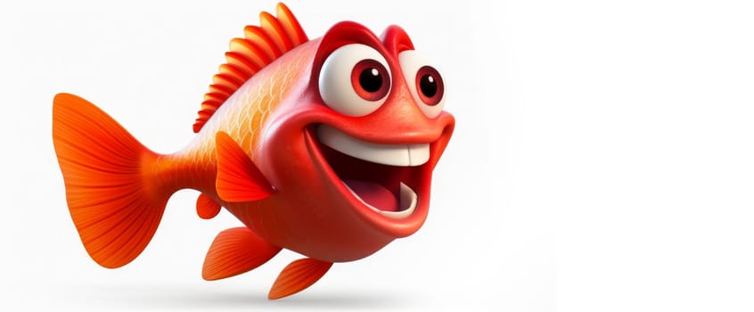 Red fish with a cheerful face 3D on a white background. Cartoon characters, three-dimensional character, healthy lifestyle, proper nutrition, diet, fresh vegetables and fruits, vegetarianism, veganism, food, breakfast, fun, laughter, banner