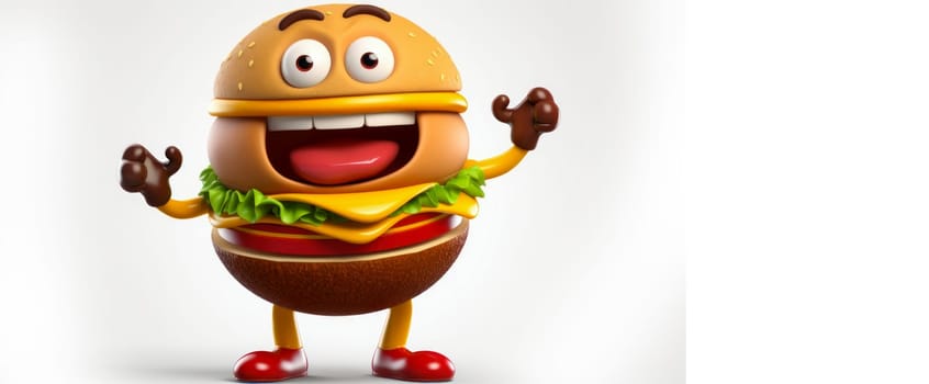 Burger with a cheerful face 3D on a white background. Cartoon characters, three-dimensional character, healthy lifestyle, proper nutrition, diet, fresh vegetables and fruits, vegetarianism, veganism, food, breakfast, fun, laughter, banner