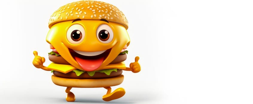 Cheeseburger with a cheerful face 3D on a white background. Cartoon characters, three-dimensional character, healthy lifestyle, proper nutrition, diet, fresh vegetables and fruits, vegetarianism, veganism, food, breakfast, fun, laughter, banner