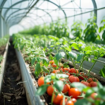 Organic tomatoes bed vegetable garden in a greenhouse.