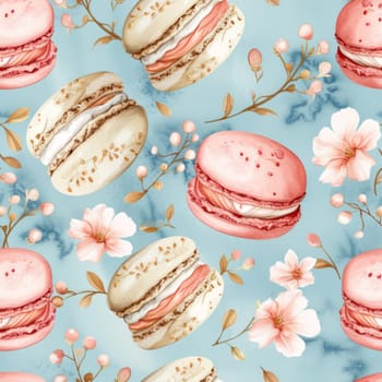 Seamless pattern of classic pink with flowers macaroon cookies. Watercolor illustration.
