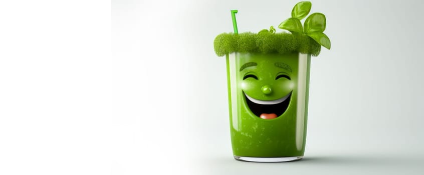 glass of green juice with a cheerful face 3D on white background. Cartoon characters, three-dimensional character, healthy lifestyle, proper nutrition, diet, fresh vegetables and fruits, vegetarianism, veganism, food, breakfast, fun, laughter, banner