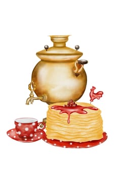 Watercolor holiday card template for Maslenitsa. Broad Shrovetide beautiful illustration on white background. Hand drawn sketch of a samovar, pancakes and a cup of tea. Red cockerel lollipop. For printing invitations and post cards