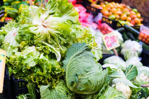 Cabbage vegetables for sale in an open air farmers market, Italy