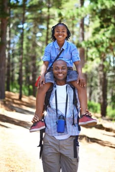 Man, child and portrait on shoulders in nature for hiking forest path, weekend explore or vacation journey. Black person, daughter and carrying for holiday love together, woods travel or sunshine.