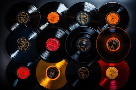 Collection of vinyl records on a black background.