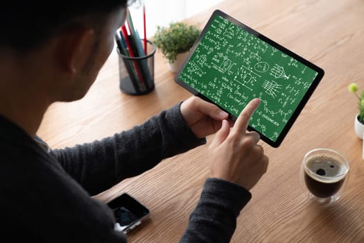 Mathematic equations and modish formula on computer screen showing concept of science and education