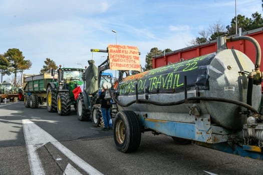 France, Bordeaux, 29 January 2024, Farmers' demonstration, blockade of the Langon toll plaza and snail mail operation on the A62 motorway. High quality 4k footage