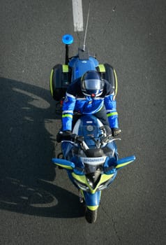 France, Bordeaux, 29 January 2024, Farmers' demonstration, mobile gendarmes on their motorbikes securing a demonstration by French farmers on a motorway in south-west France. High quality 4k footage