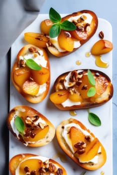Bruschetta with caramelized pears and cheese, delicious crostini for gourmet breakfast, brunch or lunch, close up, vertical image
