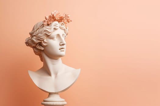 antique statue bust of woman on peach background. Head with head with hair and wreath of leaves.