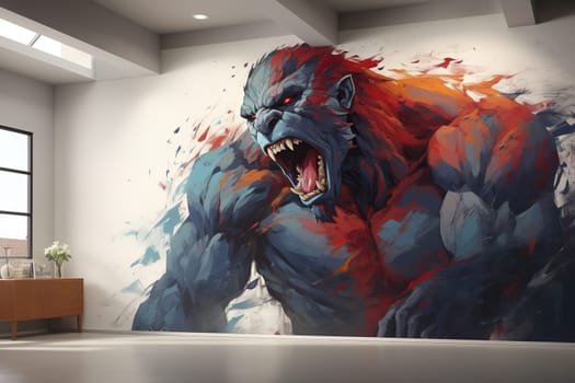 Drawing of an angry screaming on a white wall. Contemporary art of wall painting.