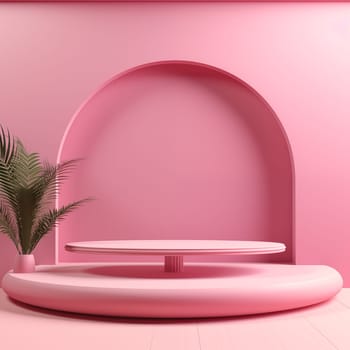 3D round podium of pink background with plant in pot. Bright pastel pink podium or pedestal backdrop.