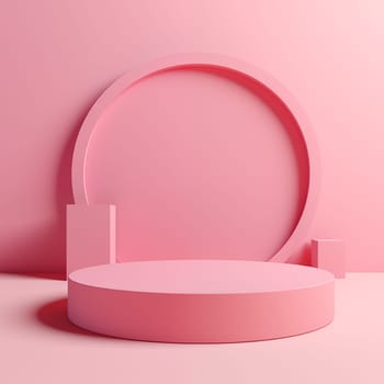 3D podium render of pink round background for cosmetic products. Bright pastel pink podium or pedestal backdrop.