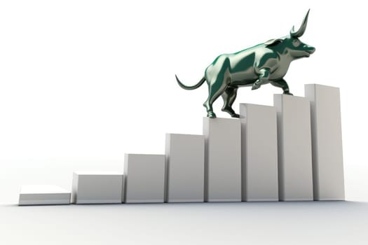 Stock market bull jumping to top of stock market graph. Generative AI.