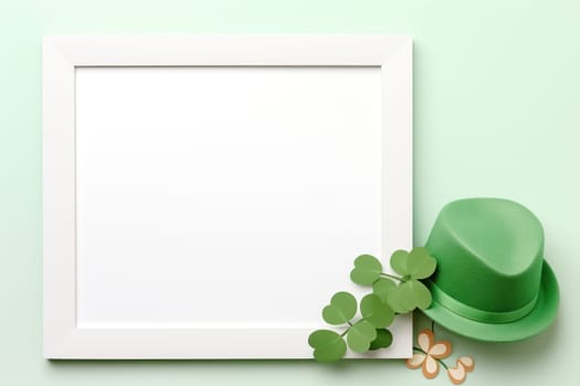 Flat design St. patrick's day, festive leprechaun green shamrocks on photo frame. Generative AI.