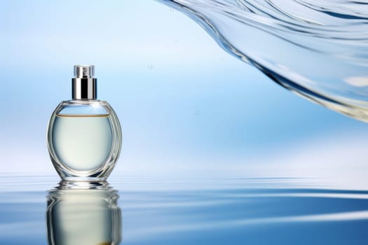 Bottle perfume on the water, clear water waves, white and blue background. Generative AI.