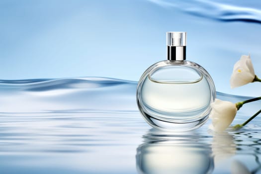 Bottle perfume on the water, clear water waves, white and blue background. Generative AI.
