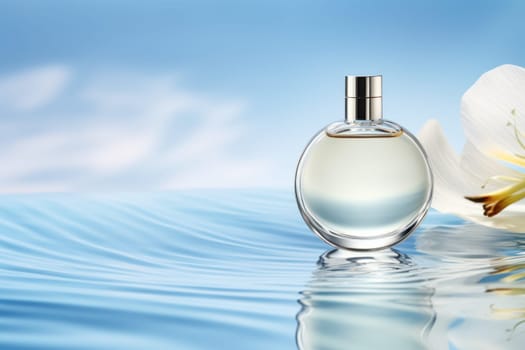 Bottle perfume on the water, clear water waves, white and blue background. Generative AI.