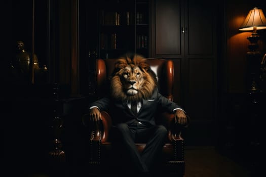 Front view of confident Lion head in suit dark dress siting in armchair in dark room. Generative AI.